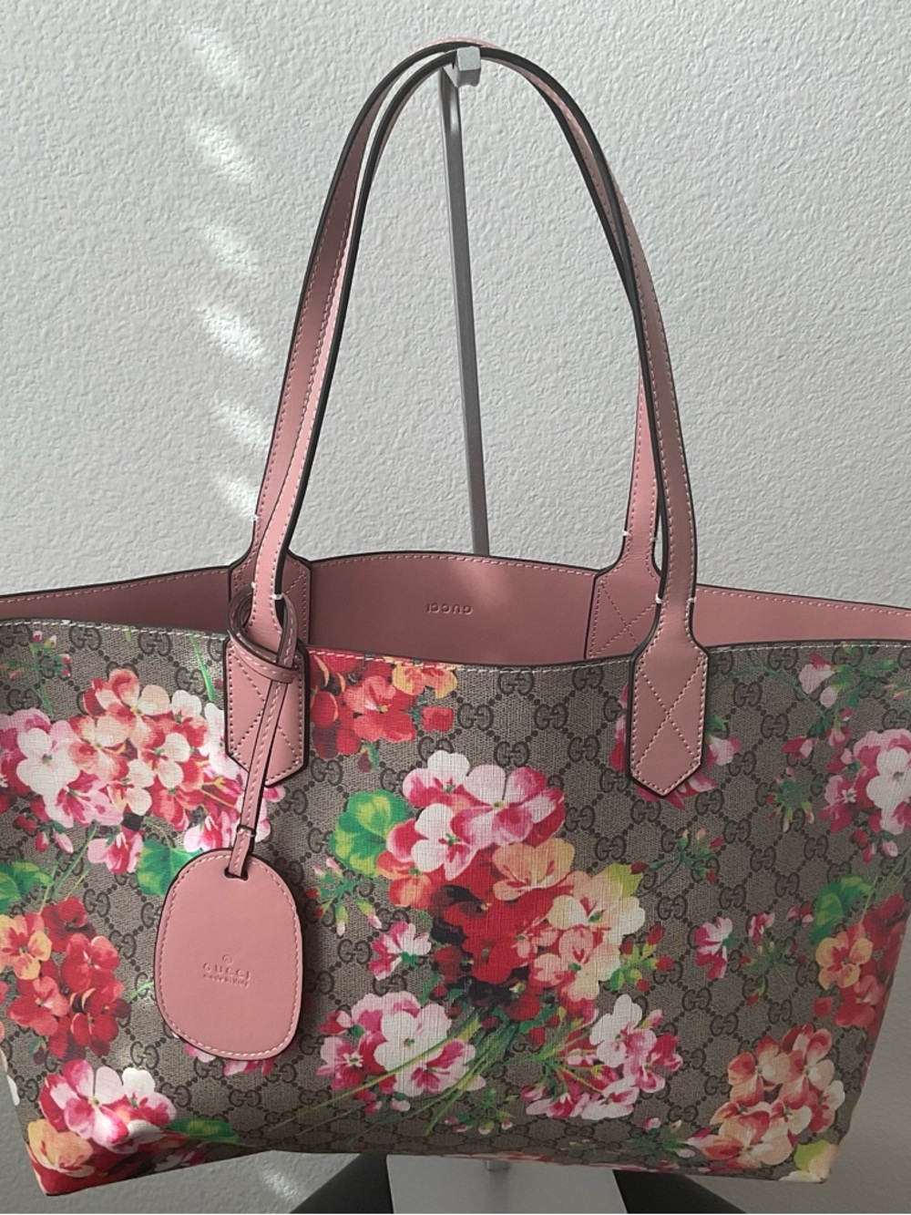 Gucci Floral GG Canvas Tote with Pink Leather Trim